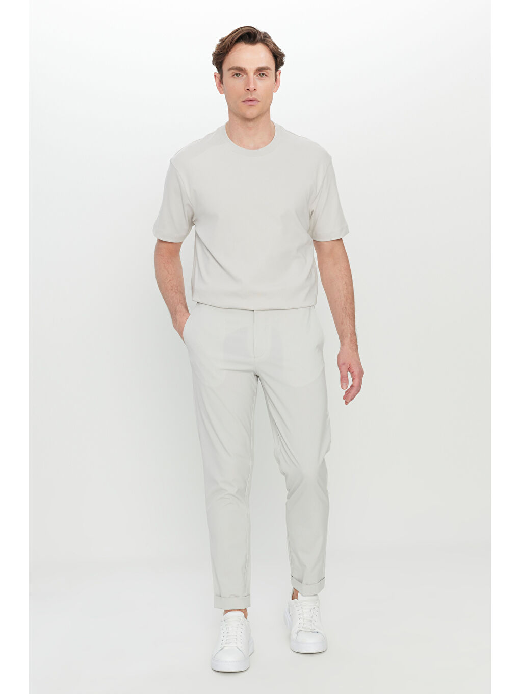 Bej Erkek Taş Slim Fit Dar Kesim Beli Lastikli Yan Cep Esnek Casual Pantolon-2