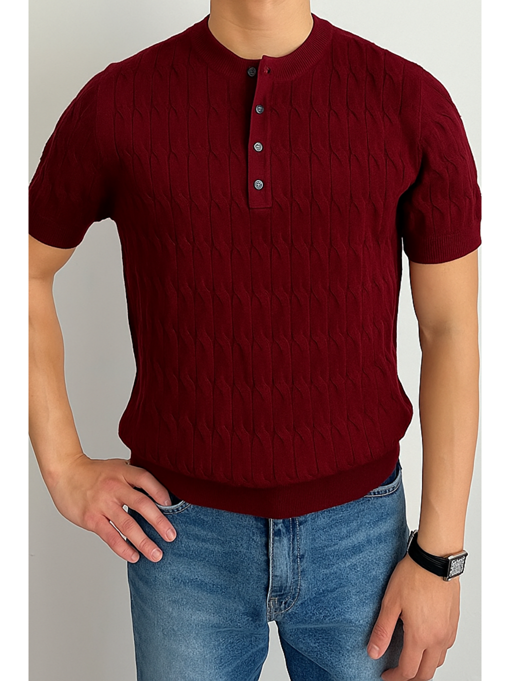 Erkek Bordo Hakim Yaka Düğmeli Slim Fit Triko T-Shirt