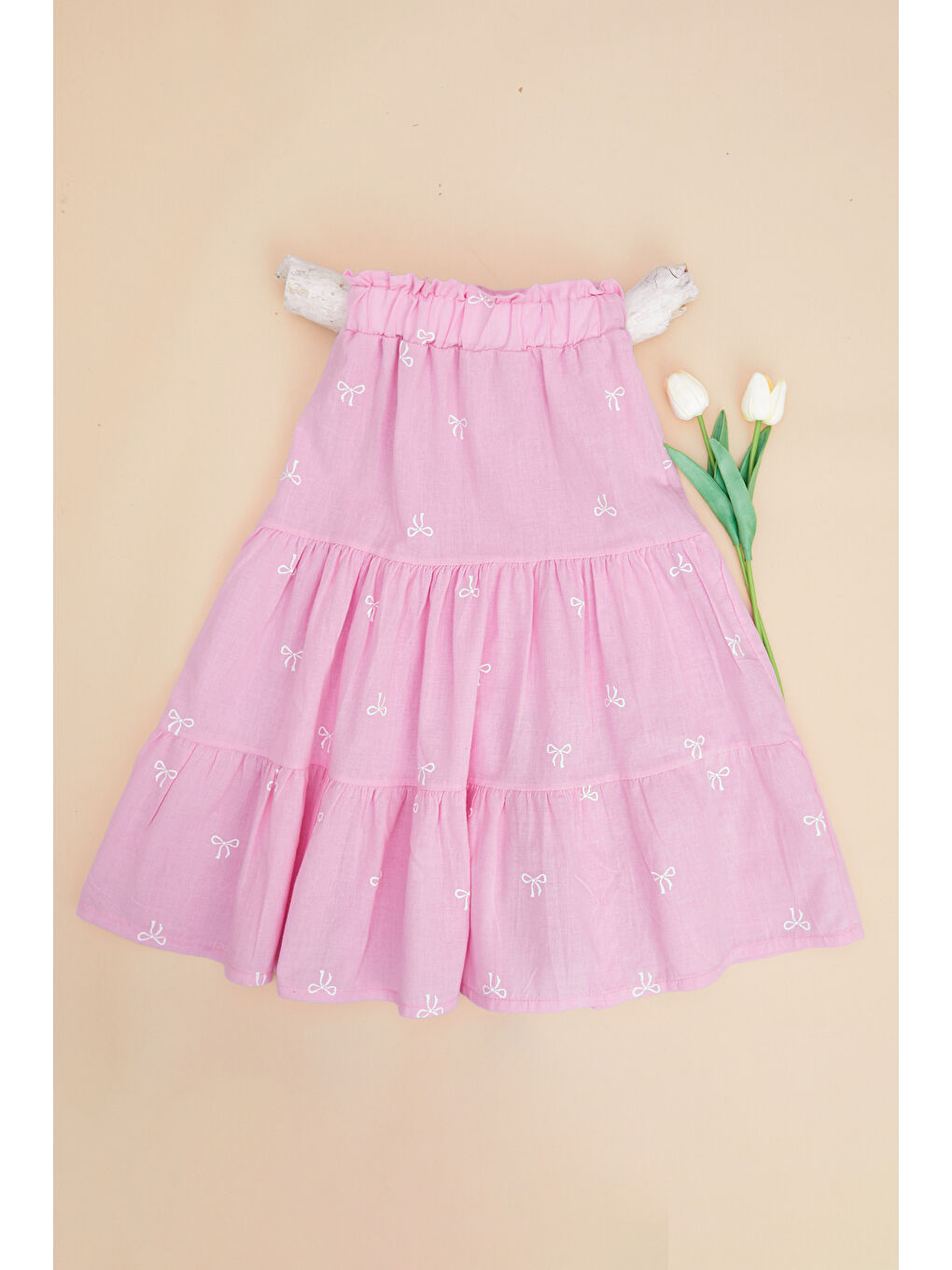 Pembe %100 Pamuk Beli Lastikli Fiyonk Nakışlı Kız Çocuk Etek-1
