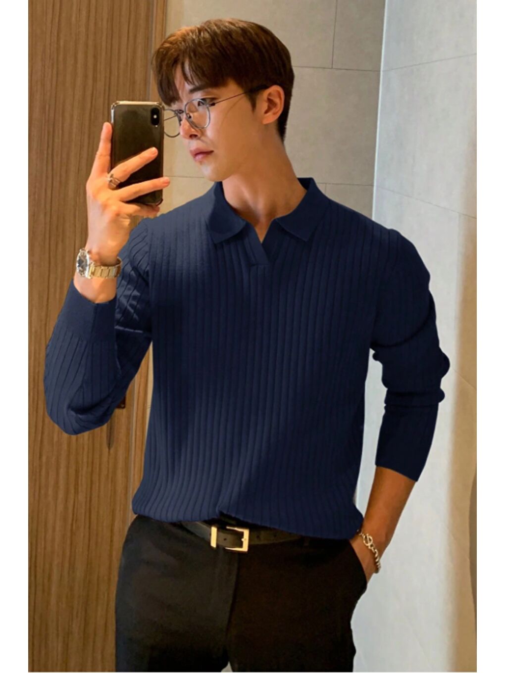 Lacivert Erkek Polo Yaka Triko Kazak Slim Fit Fitilli-3