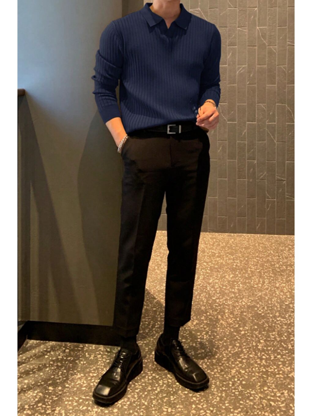 Lacivert Erkek Polo Yaka Triko Kazak Slim Fit Fitilli-4