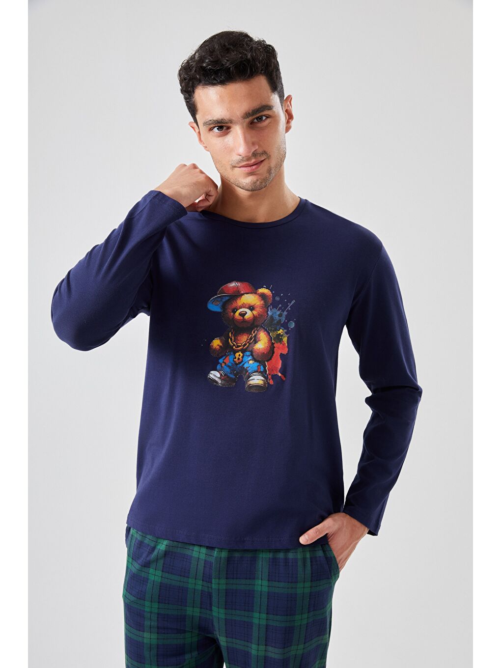 Lacivert Erkek Pamuklu Ayıcık Baskılı Ekoseli Cepli Pijama Takımı