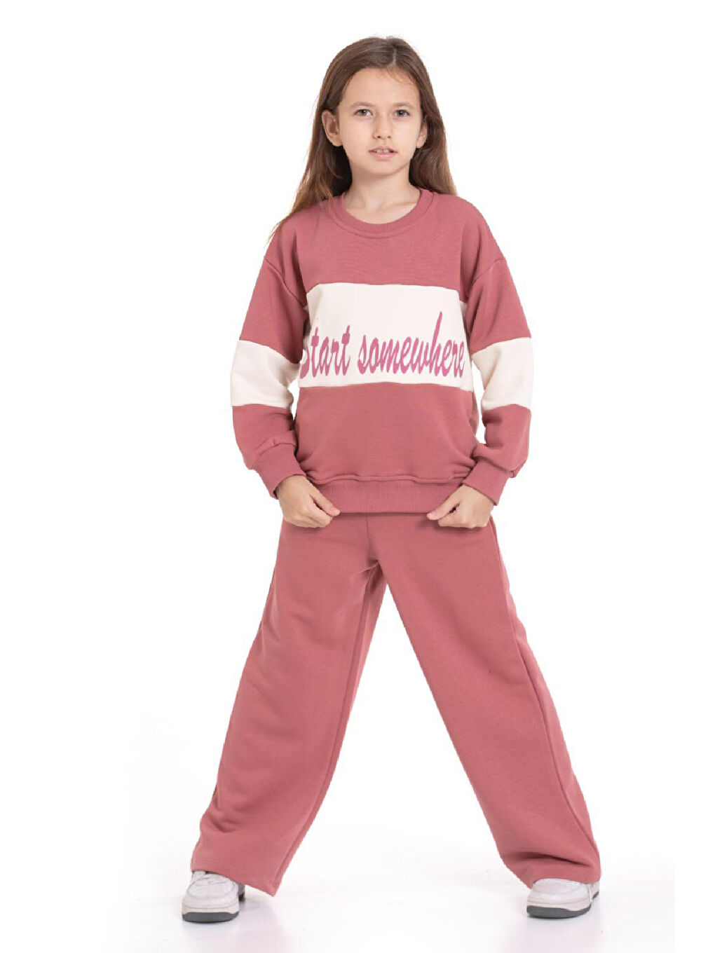 Pembe Kız Çocuk 3 İplik ve Şardonsuz Eşofman Takımı 5-9 Yaş 12487-1