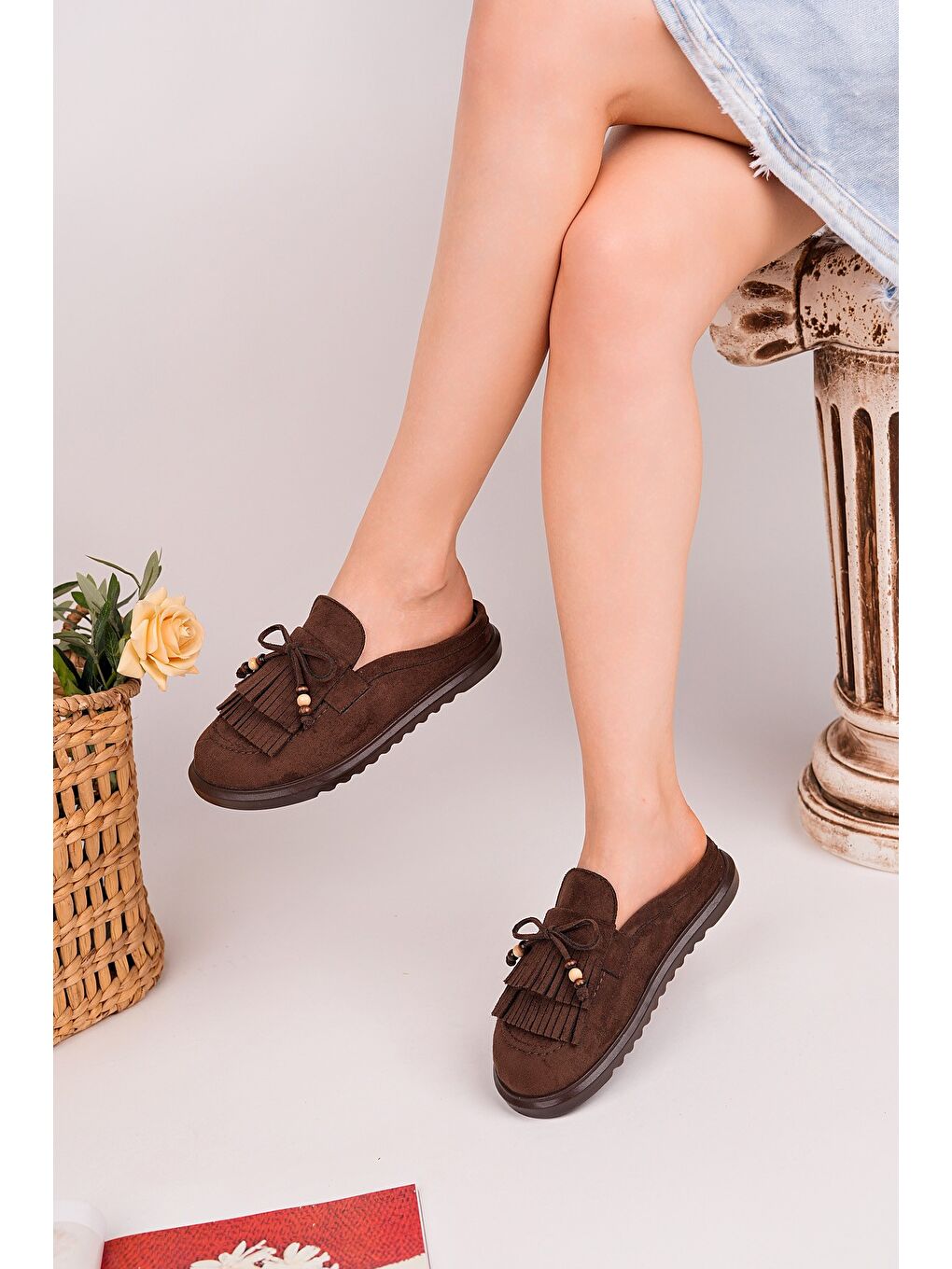 Kahverengi FRİNGE Süet Deri Fiyonk Detaylı Günlük Rahat Önü Kapalı Kadın Püsküllü Loafer Terlik-5