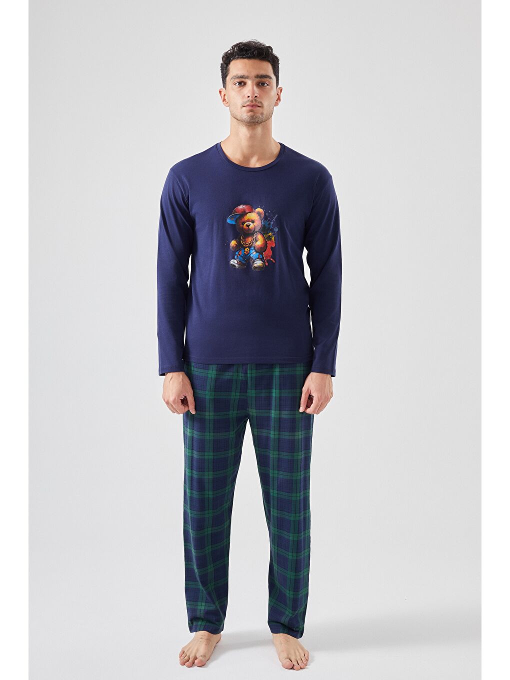 Lacivert Erkek Pamuklu Ayıcık Baskılı Ekoseli Cepli Pijama Takımı-1