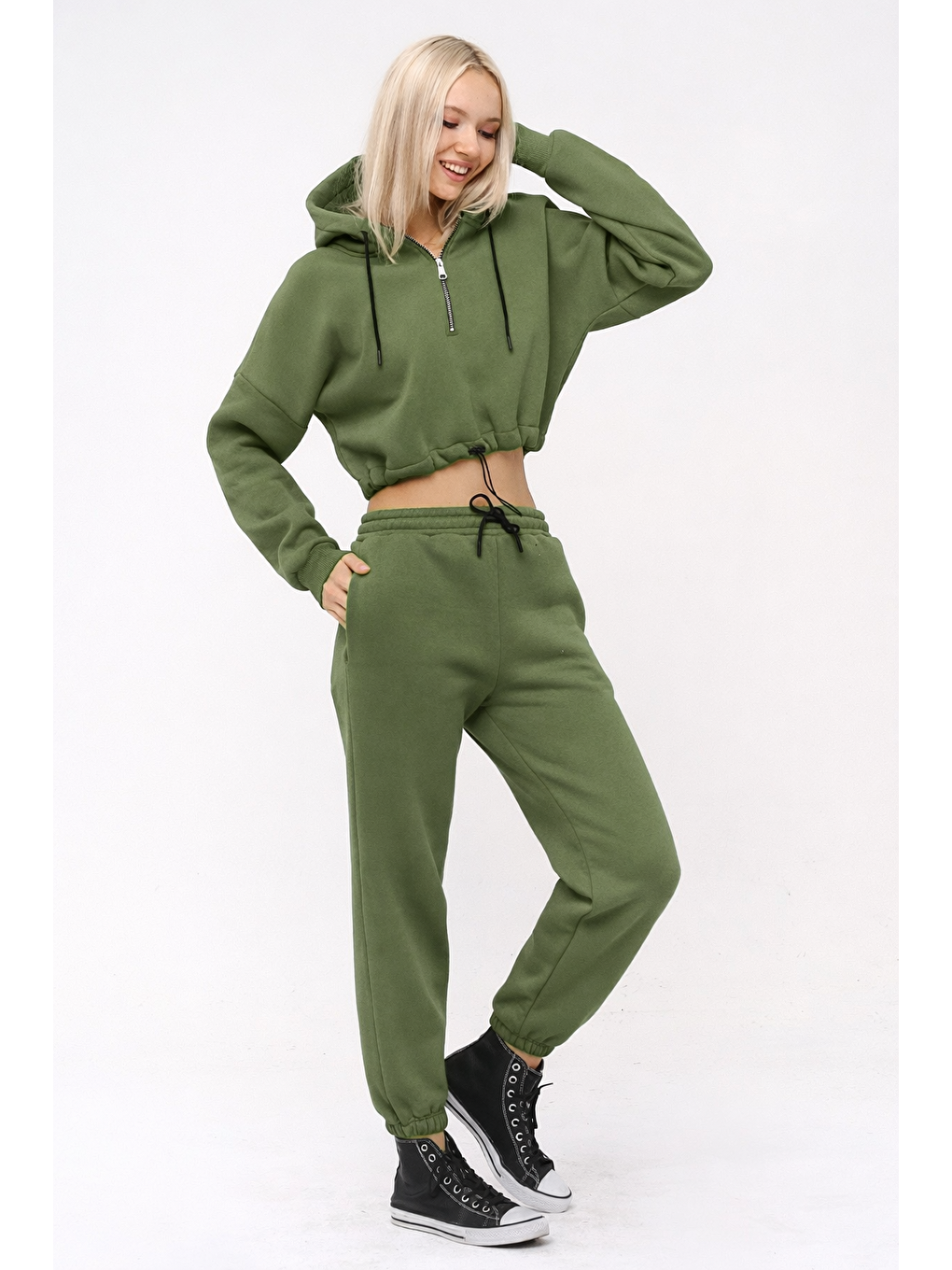 Haki Yarım Fermuarlı Kapüşonlu Crop Sweatshirt 5502H
