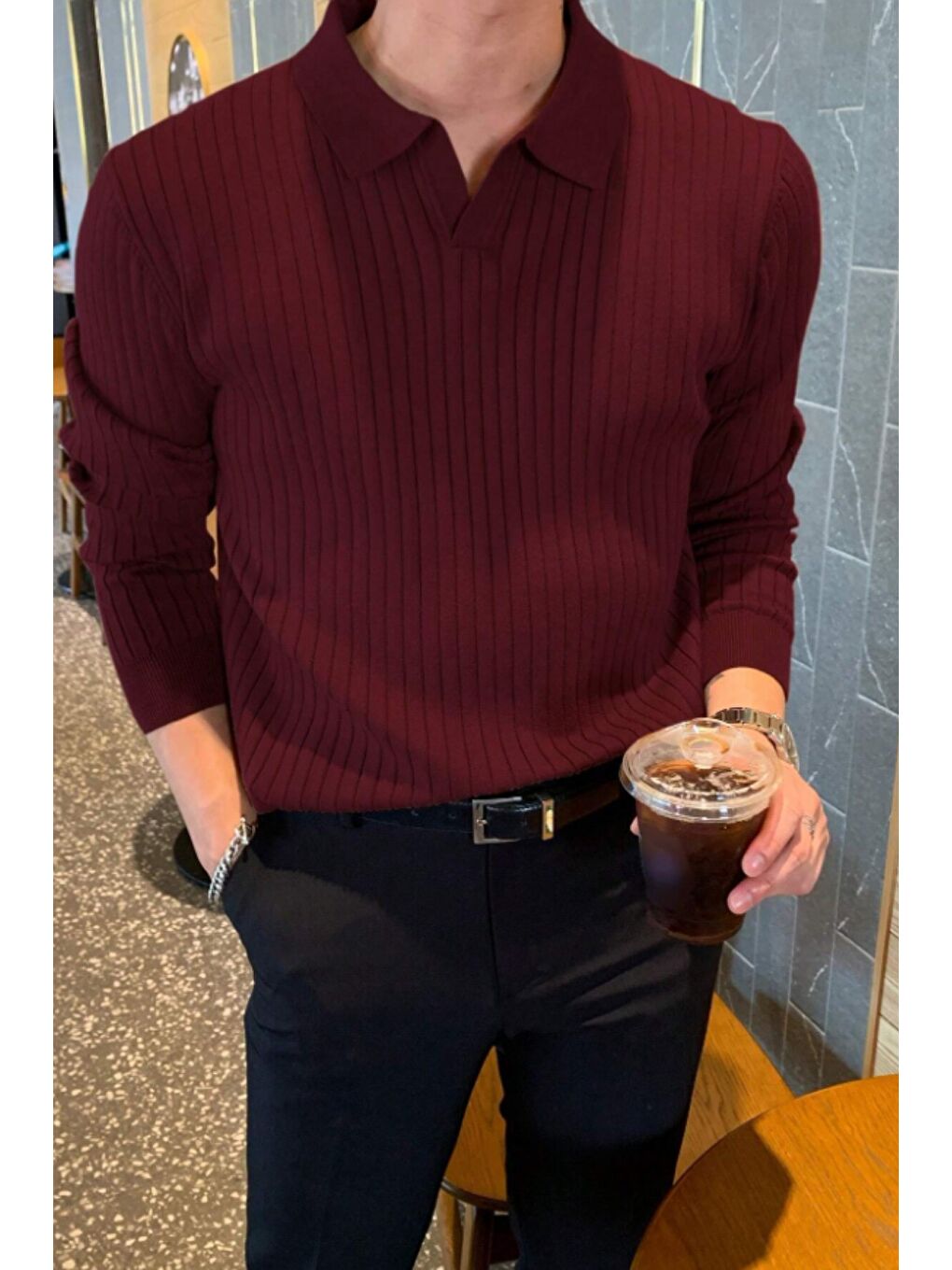 Bordo Erkek Polo Yaka Triko Kazak Slim Fit Fitilli