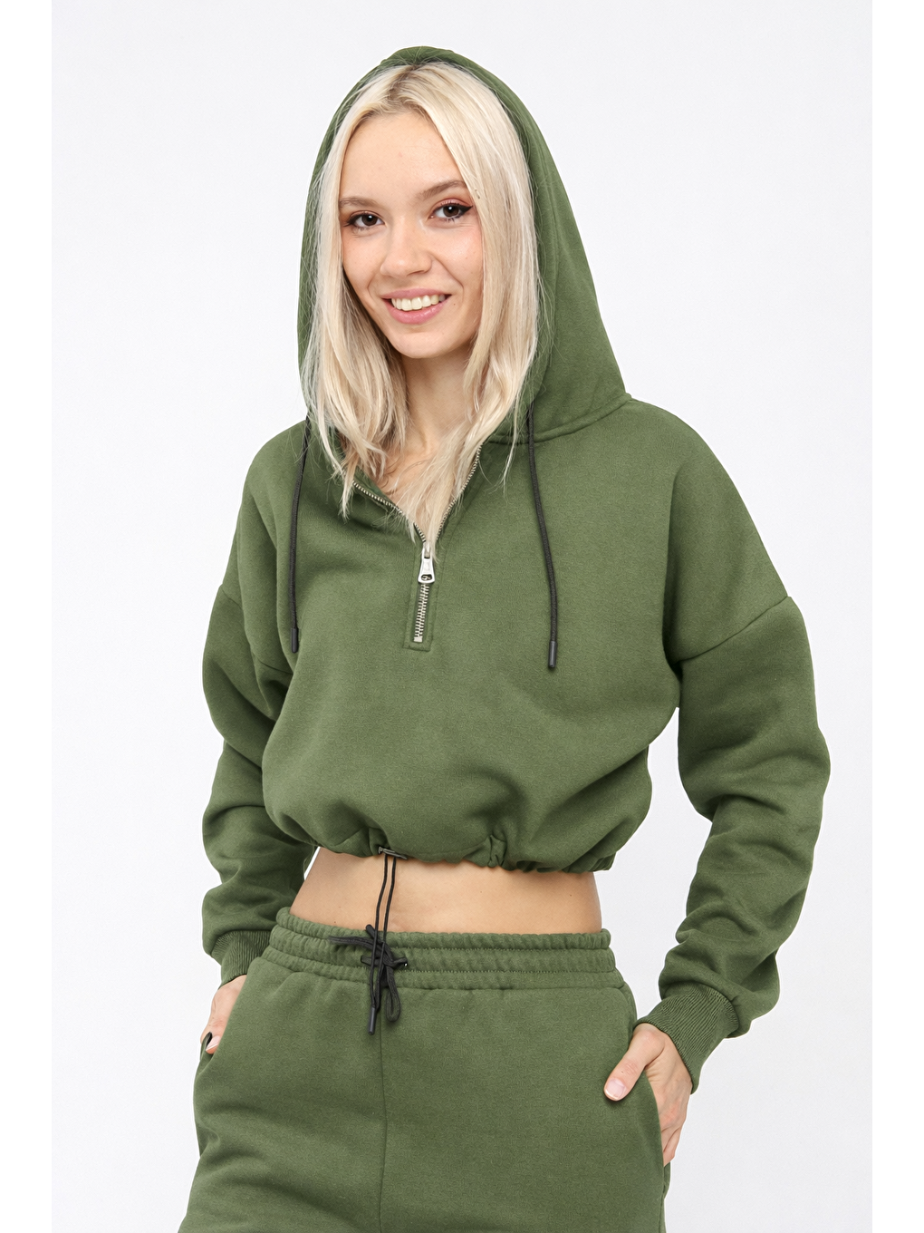 Haki Yarım Fermuarlı Kapüşonlu Crop Sweatshirt 5502H-1