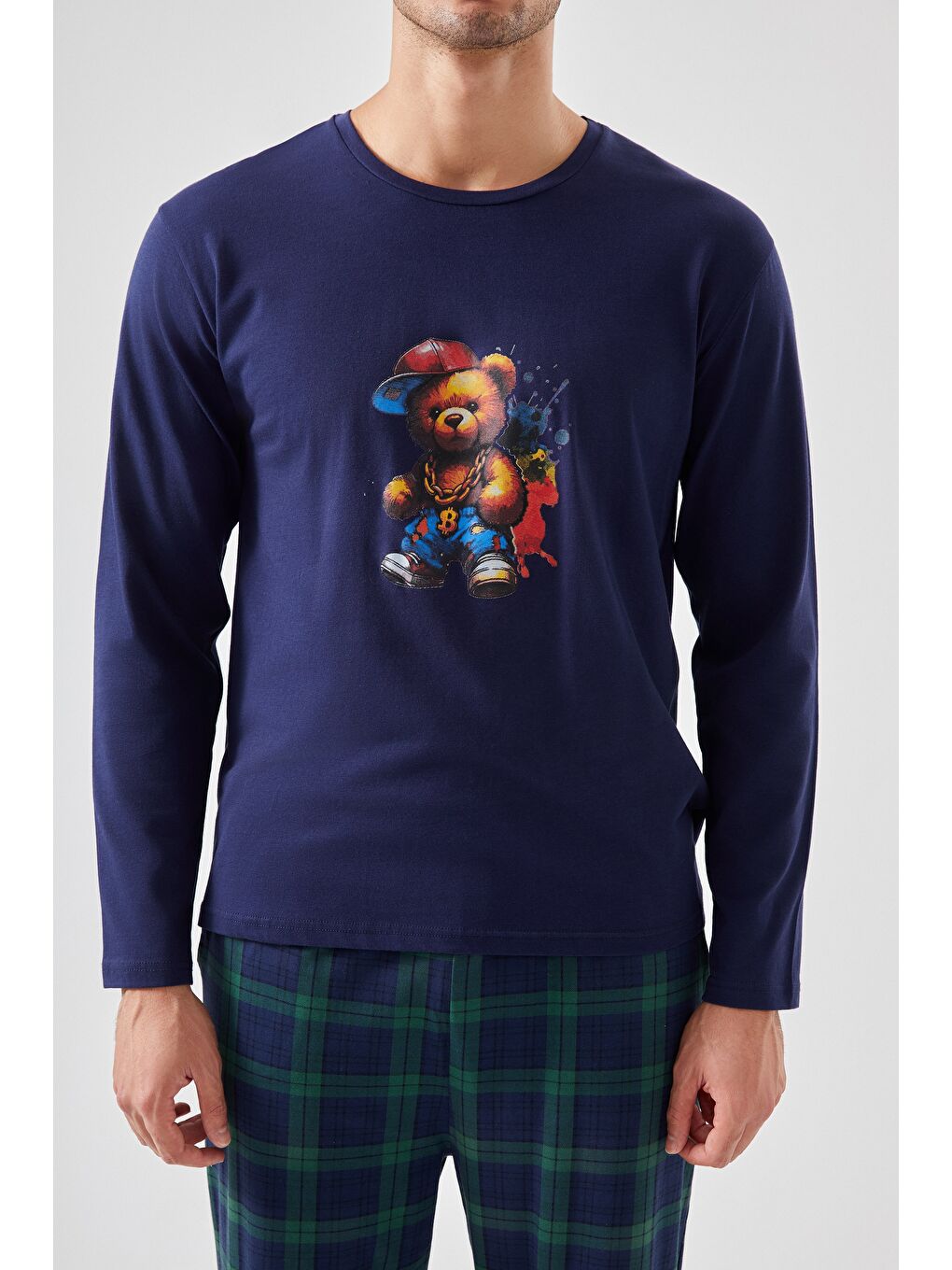 Lacivert Erkek Pamuklu Ayıcık Baskılı Ekoseli Cepli Pijama Takımı-3
