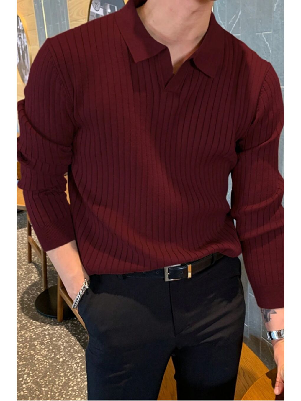 Bordo Erkek Polo Yaka Triko Kazak Slim Fit Fitilli-1