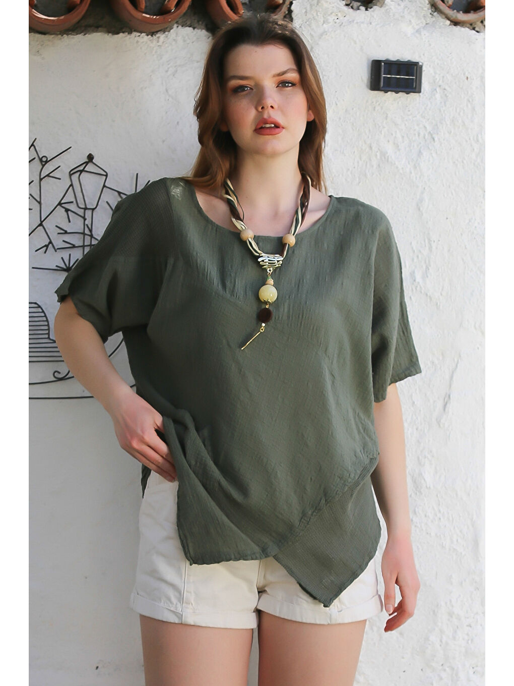 Haki Havuz Yaka Cepli File Detaylı Yıkamalı Casual Asimetrik Dokuma Bluz 70 65-3