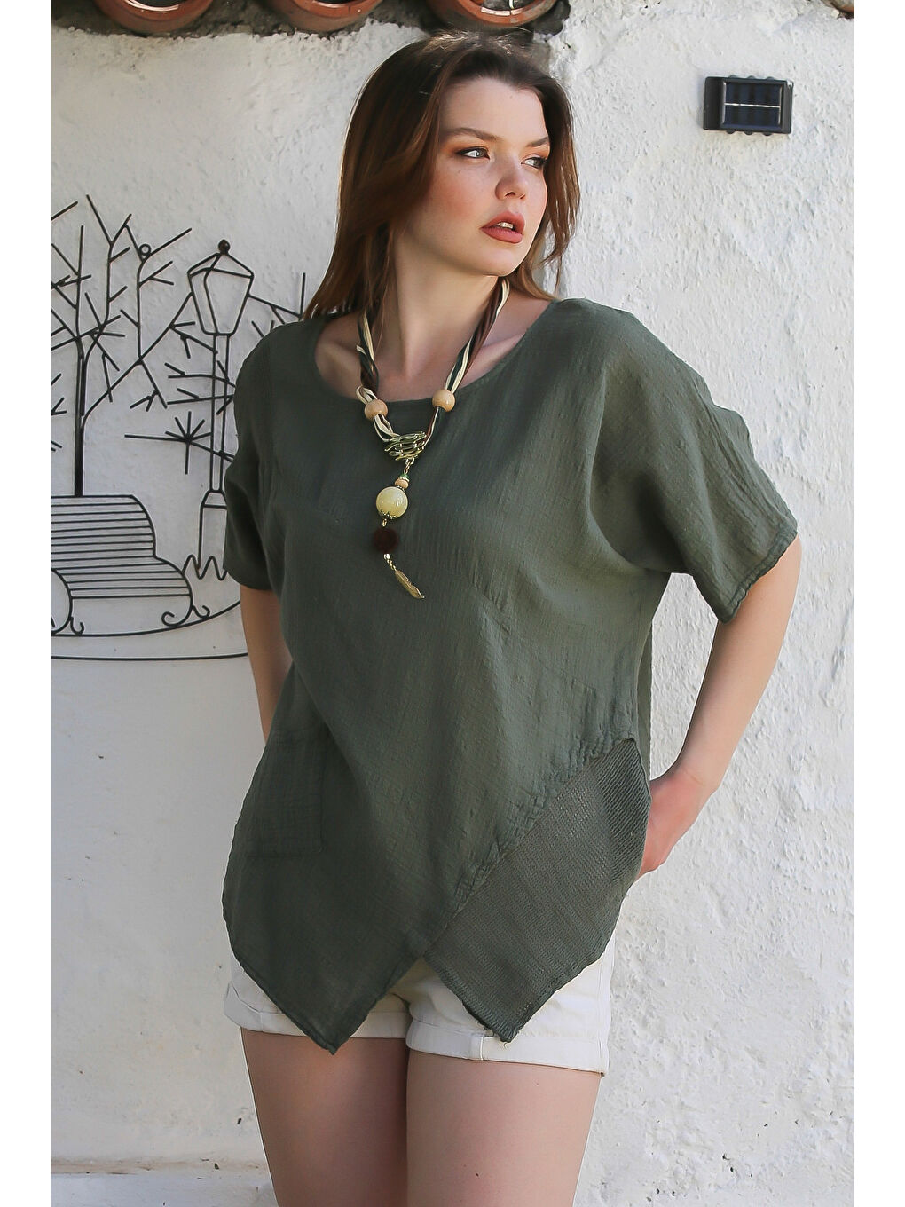 Haki Havuz Yaka Cepli File Detaylı Yıkamalı Casual Asimetrik Dokuma Bluz 70 65-4