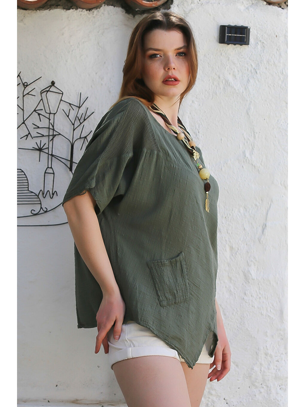 Haki Havuz Yaka Cepli File Detaylı Yıkamalı Casual Asimetrik Dokuma Bluz 70 65-5