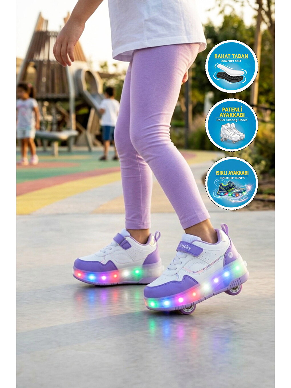 Beyaz-Mor Cırtlı Ortopedik Işıklı Kız Çocuk Patenli Spor Ayakkabı Glow F-2