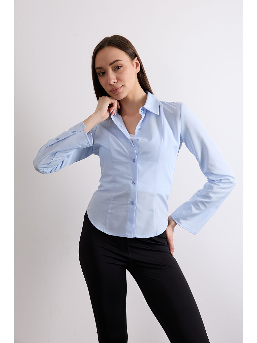 Mavi Vücuda Bele Oturan Saran Basic Kadın Gömleği-1