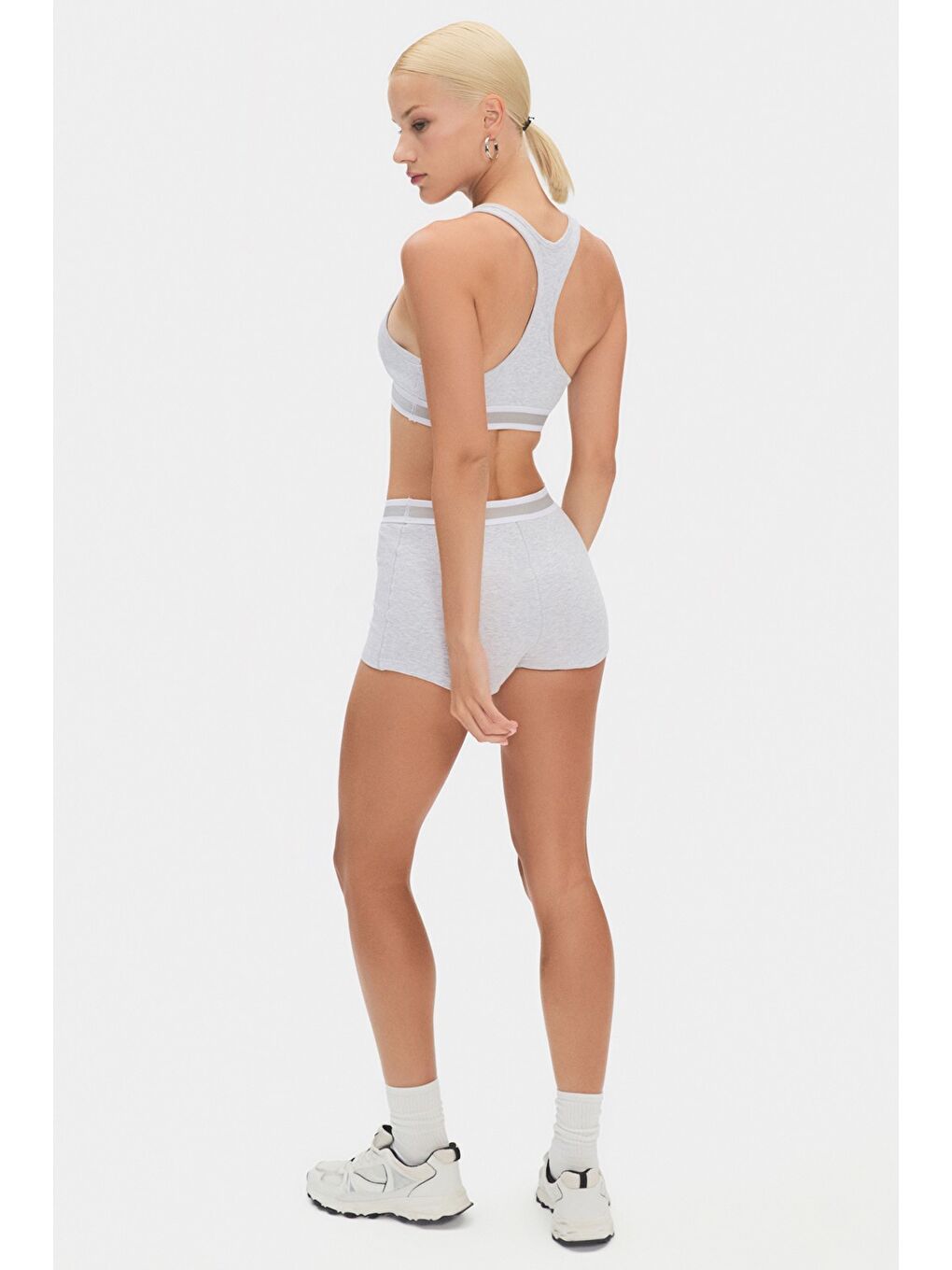 Gri Kadın Pamuklu Fitilli Boxer - Sütyen/ Bra Takım