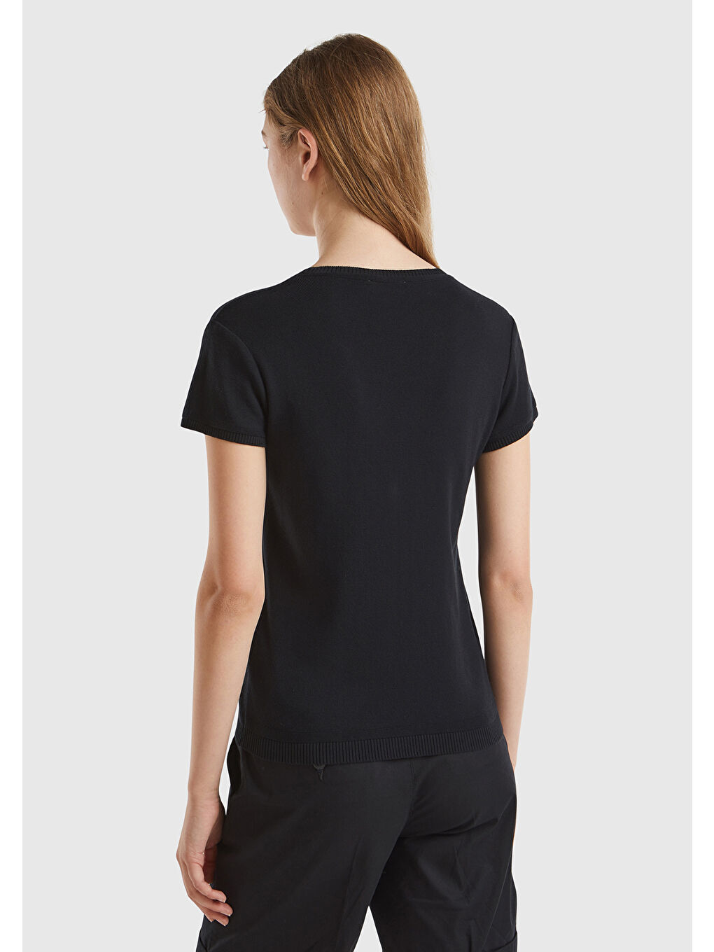 Kadın Siyah %100 Pamuk Bisiklet Yaka Kısa Kollu Kazak-2