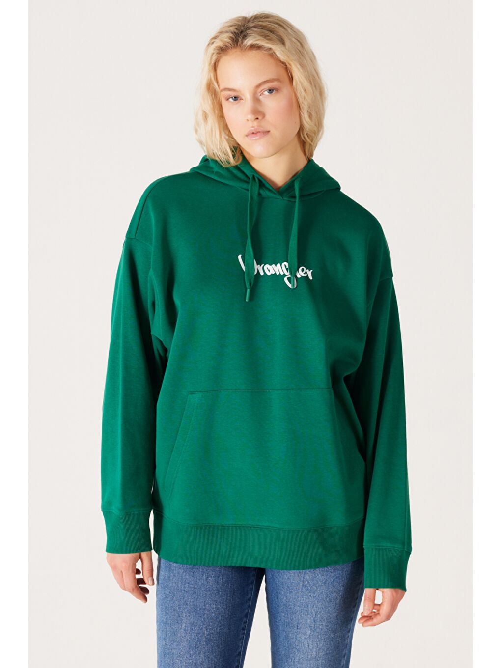 Haki Oversize Bol Kesim Kapüşonlu Sırt Baskılı Yeşil Sweatshirt