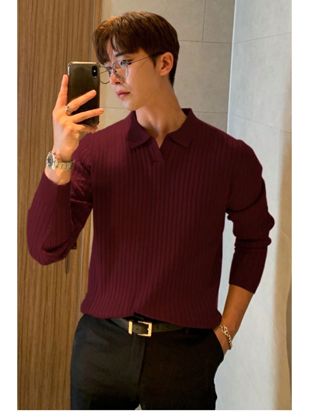 Bordo Erkek Polo Yaka Triko Kazak Slim Fit Fitilli-2