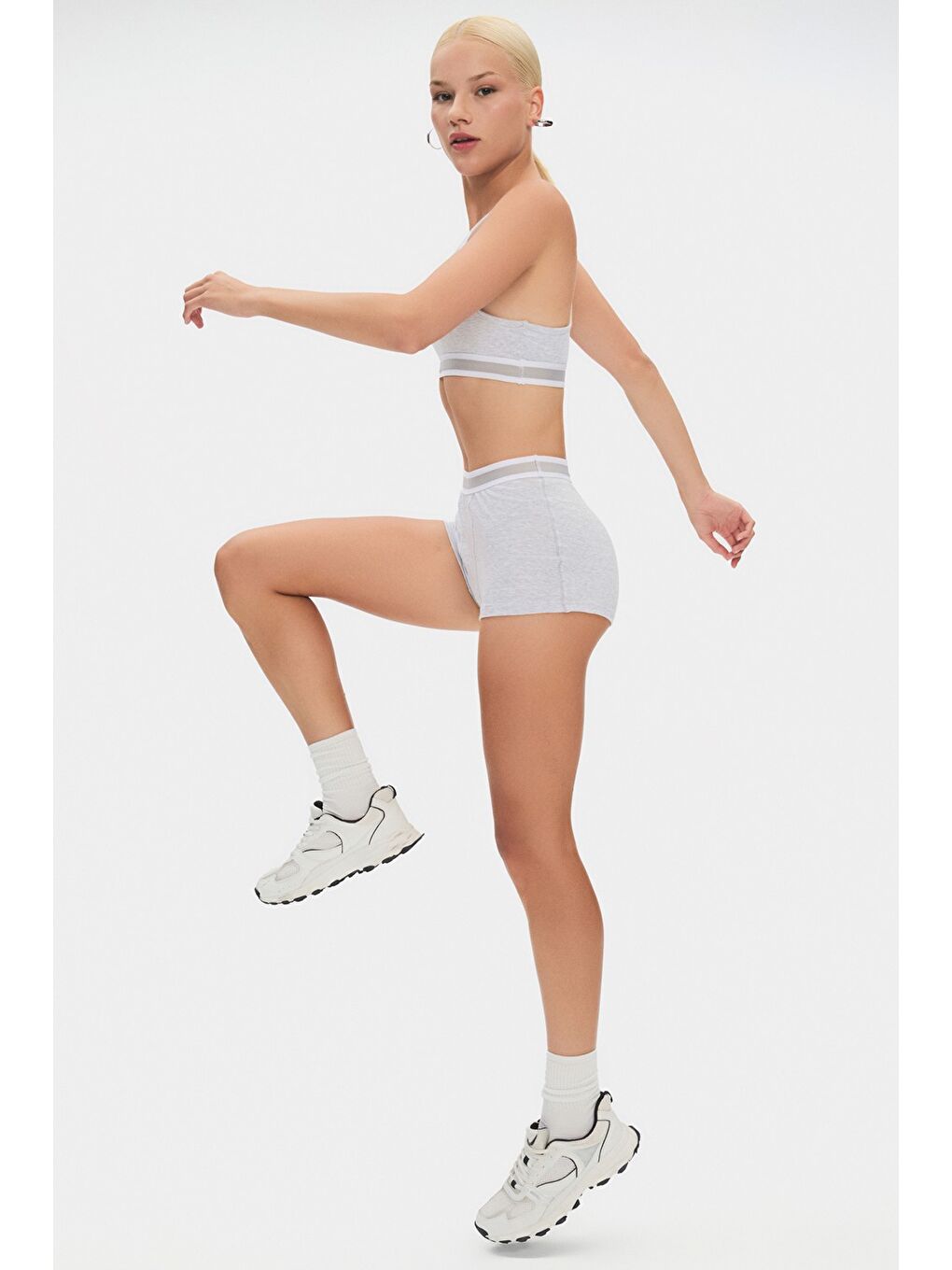 Gri Kadın Pamuklu Fitilli Boxer - Sütyen/ Bra Takım-3