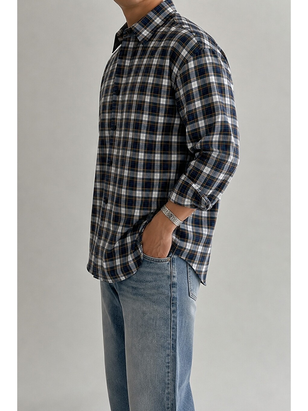 Lacivert Erkek Ekose Desenli Oxford Regular Fit Uzun Kollu Gömlek-7