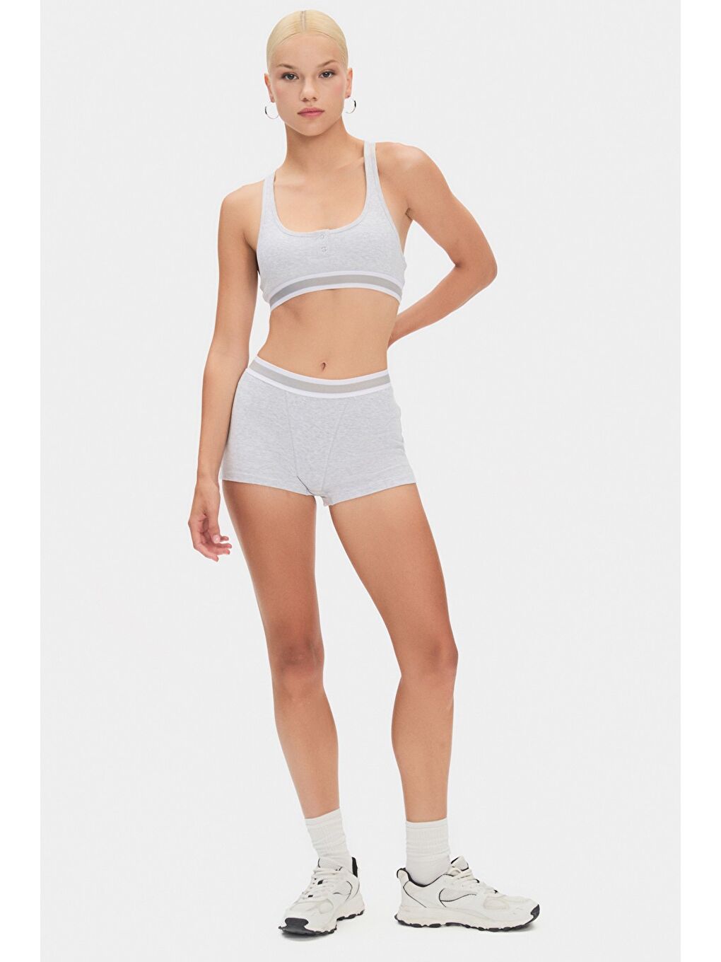 Gri Kadın Pamuklu Fitilli Boxer - Sütyen/ Bra Takım-4