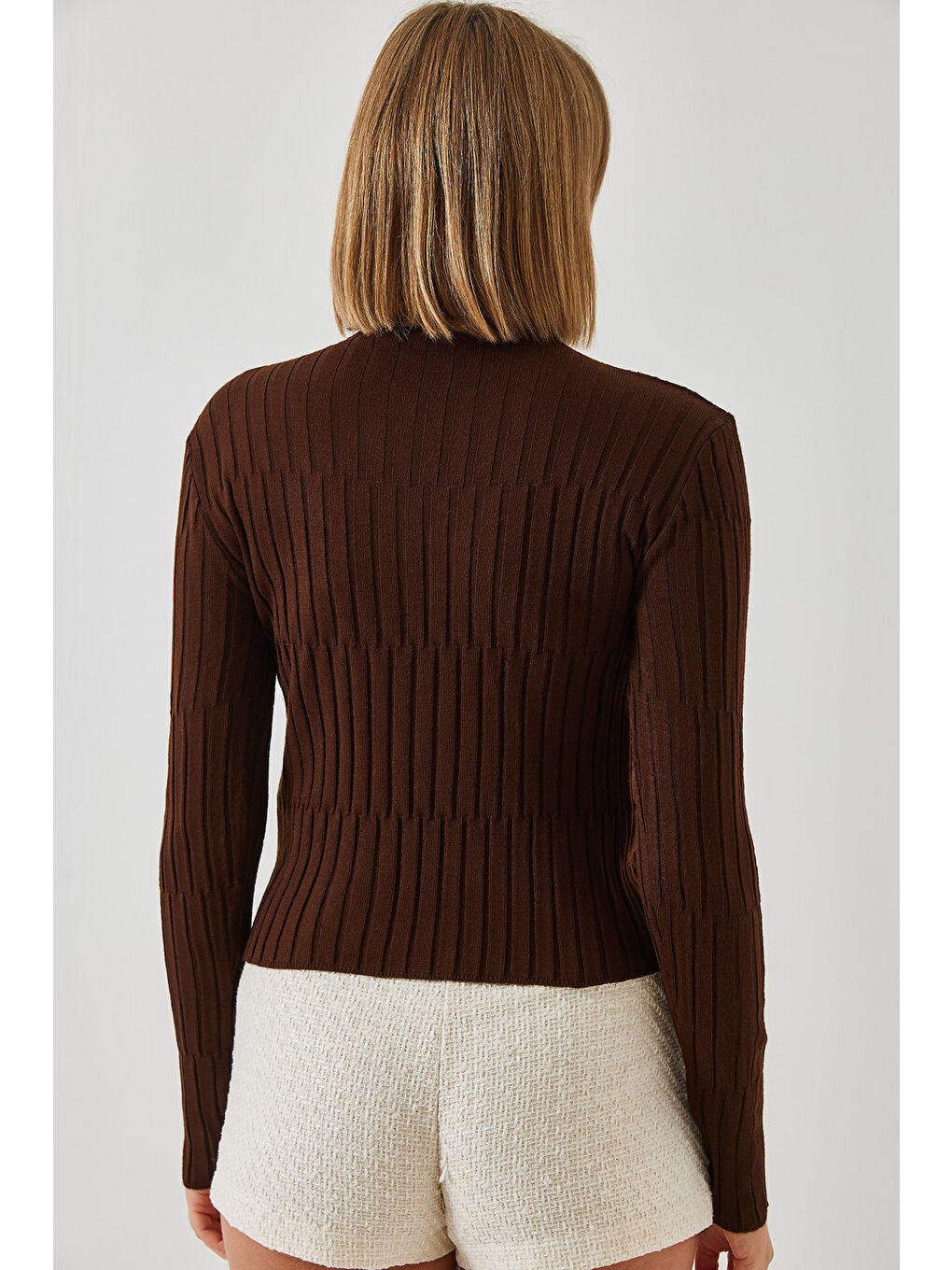 Kahverengi Kadın Balıkçı Yaka Parçalı Kazak-4