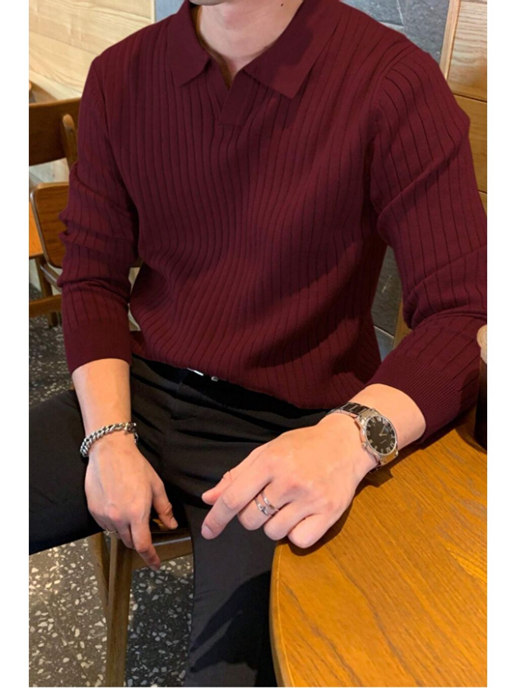 Bordo Erkek Polo Yaka Triko Kazak Slim Fit Fitilli-3