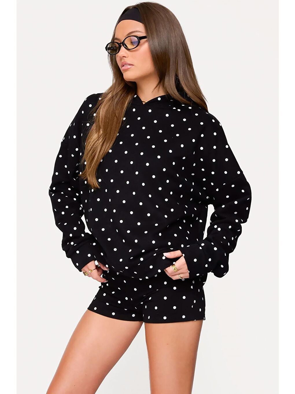 Siyah Puantiyeli Kapüşonlu Kadın Sweatshirt Sh279-3