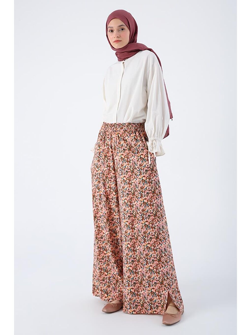 Pembe Somon-Kiremit-Baskılı Paçası Yırtmaçlı Beli Lastikli Wide Leg Viskon Keten Pantolon