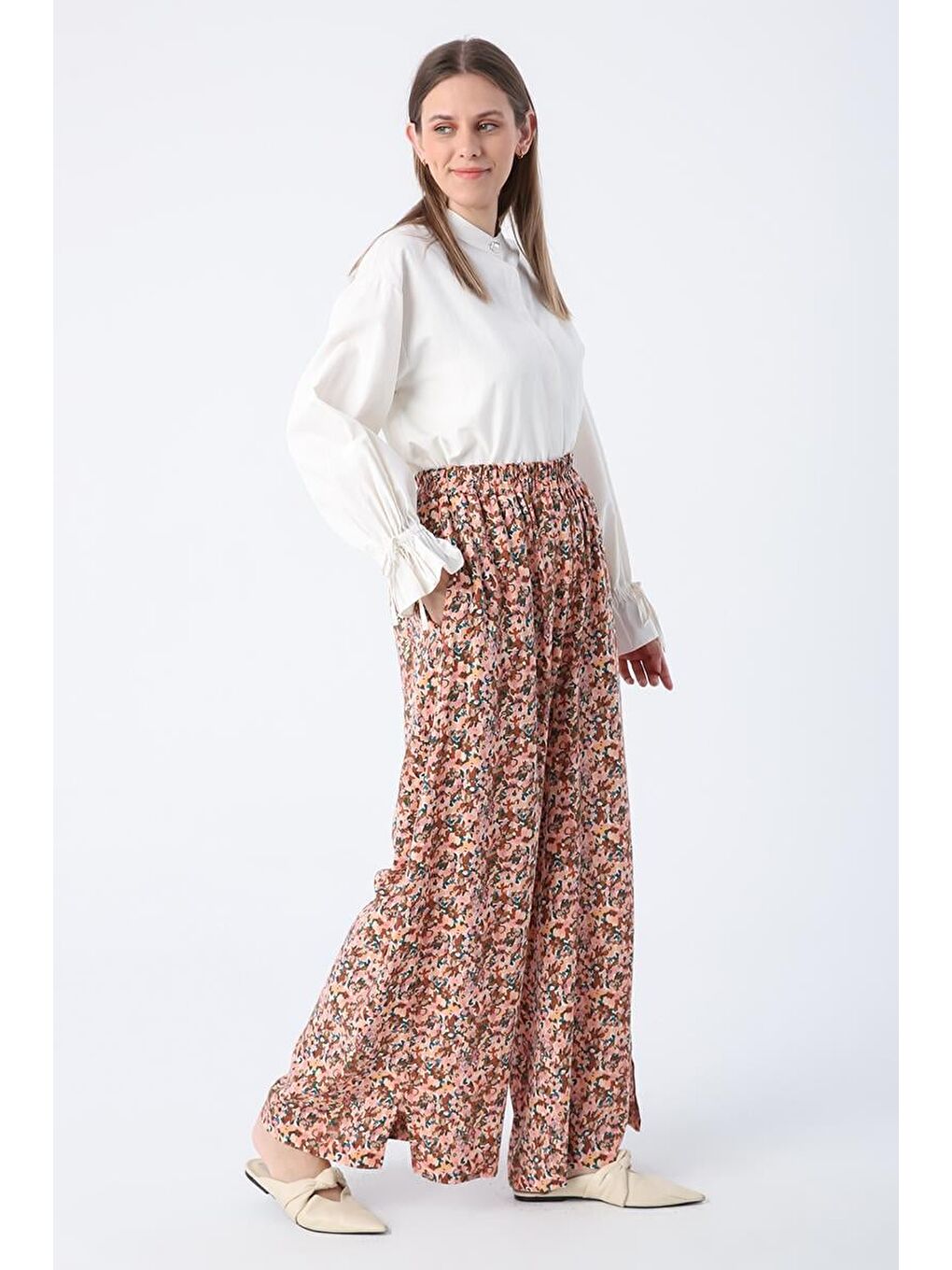 Pembe Somon-Kiremit-Baskılı Paçası Yırtmaçlı Beli Lastikli Wide Leg Viskon Keten Pantolon-1