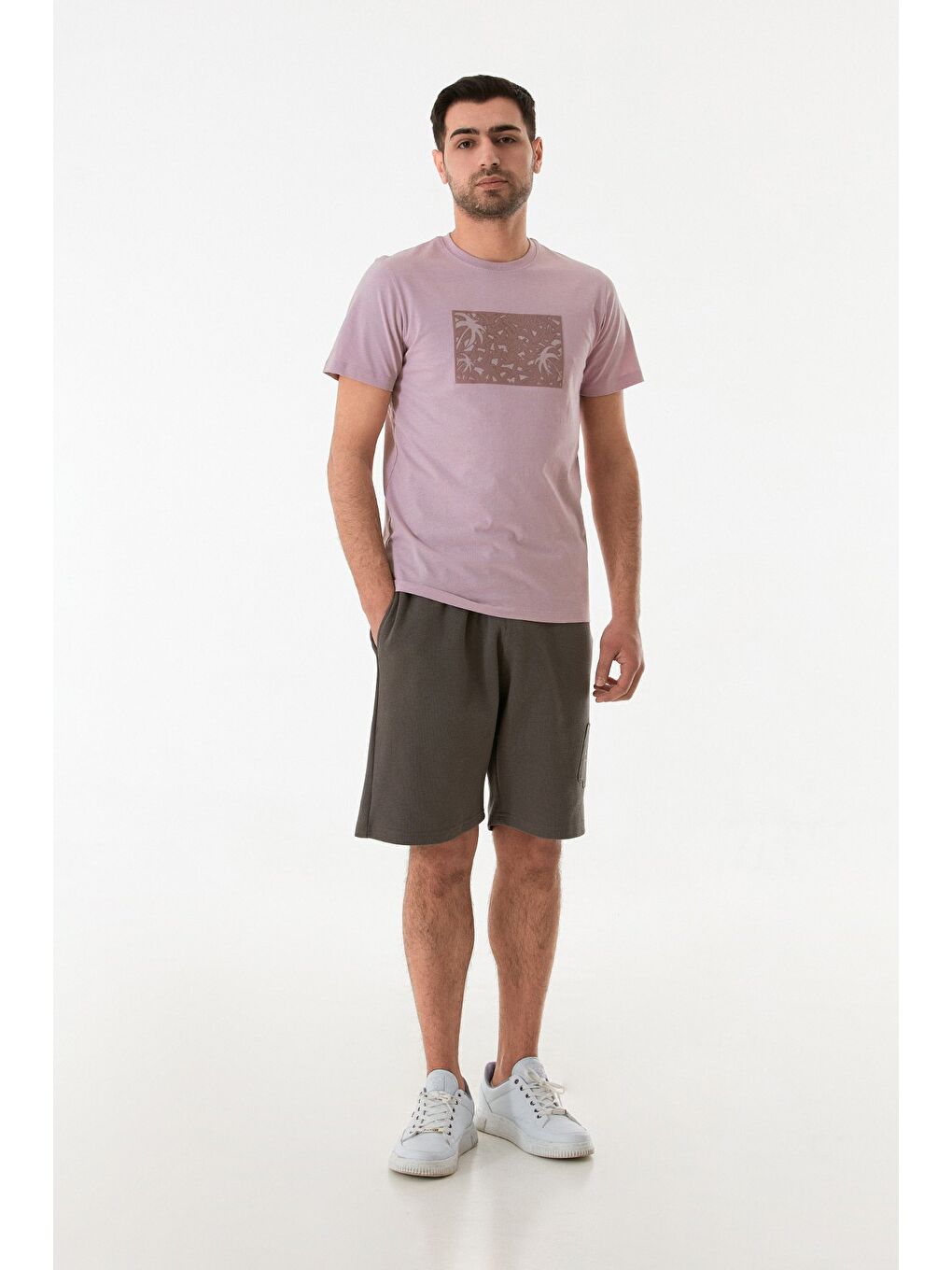 Lila Kabartma Baskılı Bisiklet Yaka Tişört-1