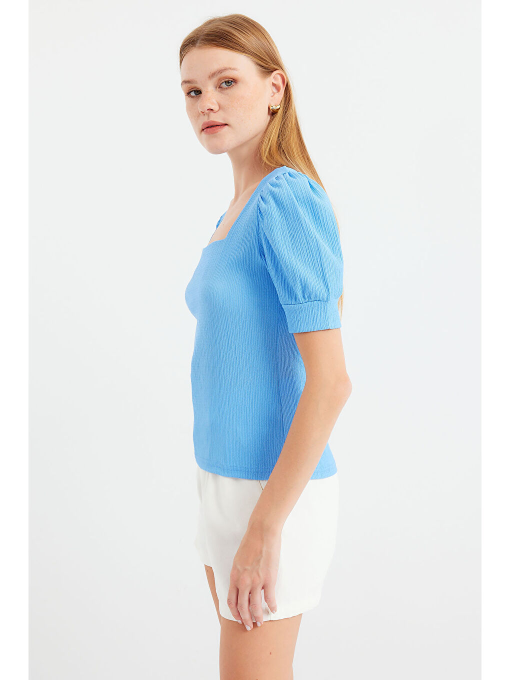 0409 Kare Yaka Örme Bluz - Mavi-2