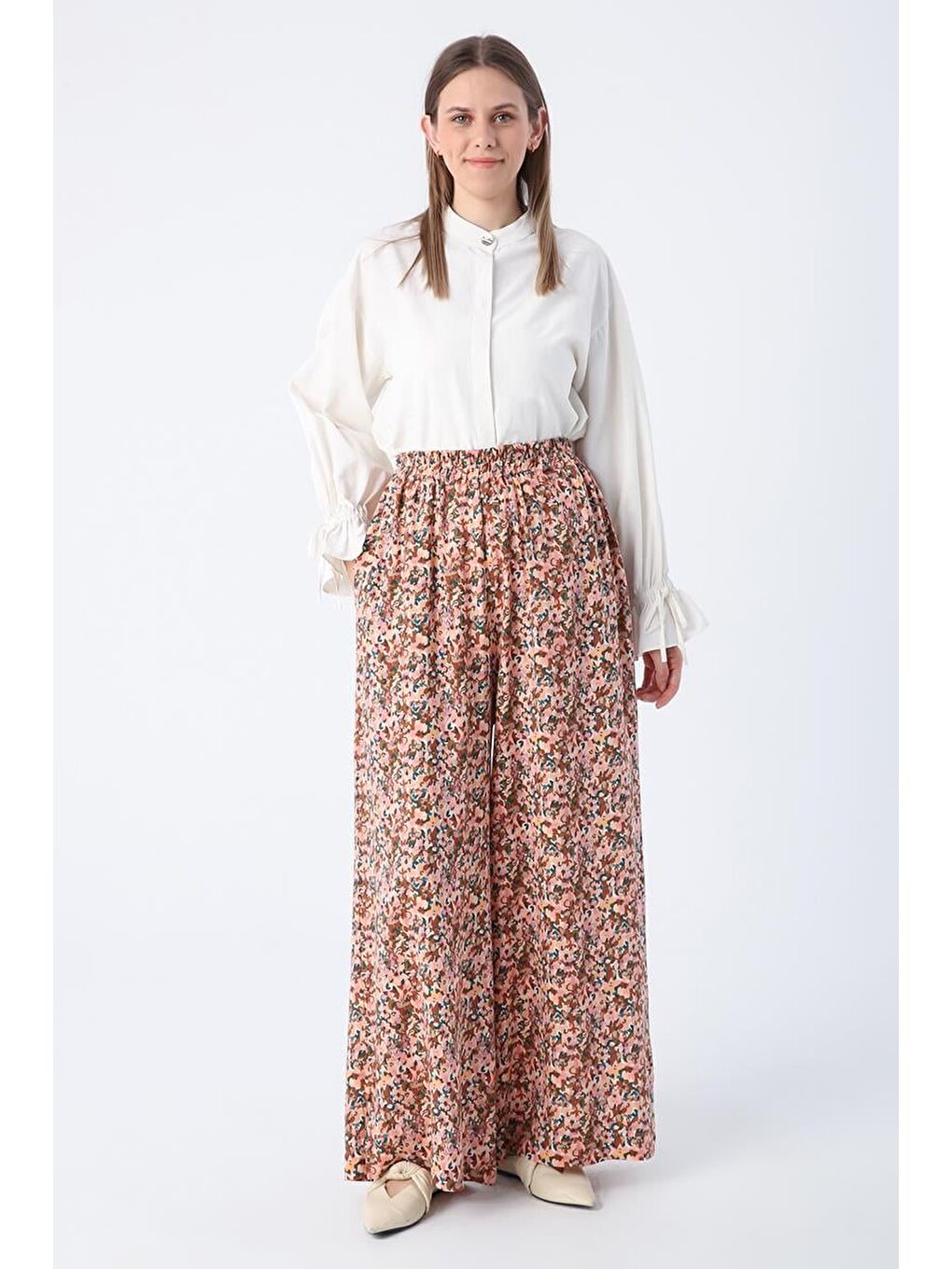 Pembe Somon-Kiremit-Baskılı Paçası Yırtmaçlı Beli Lastikli Wide Leg Viskon Keten Pantolon-2