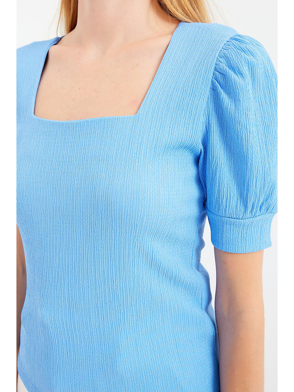 0409 Kare Yaka Örme Bluz - Mavi-3