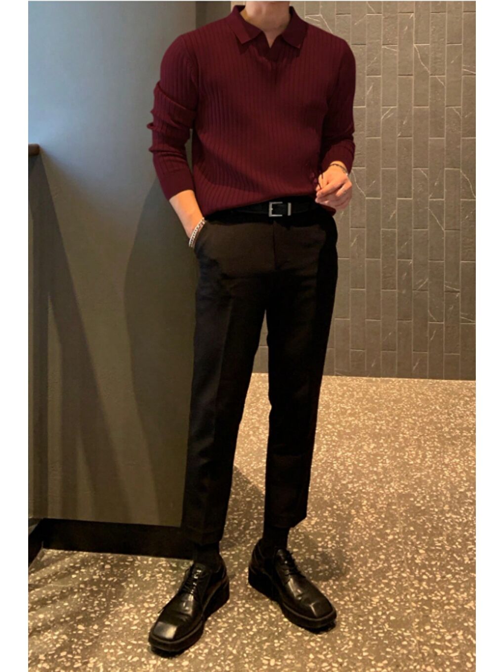 Bordo Erkek Polo Yaka Triko Kazak Slim Fit Fitilli-4