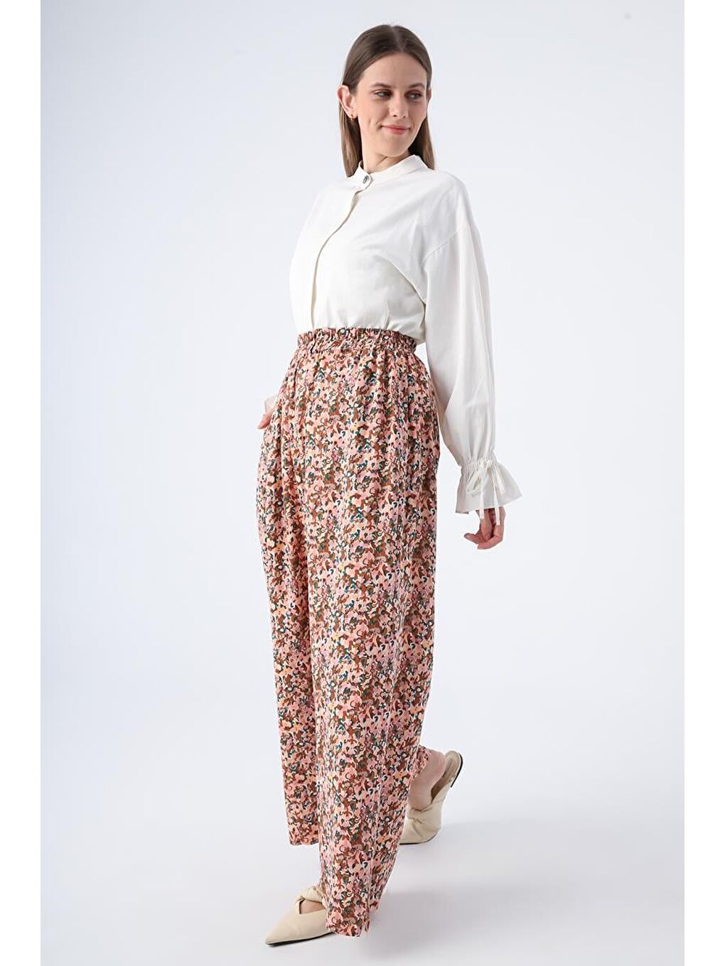 Pembe Somon-Kiremit-Baskılı Paçası Yırtmaçlı Beli Lastikli Wide Leg Viskon Keten Pantolon-3
