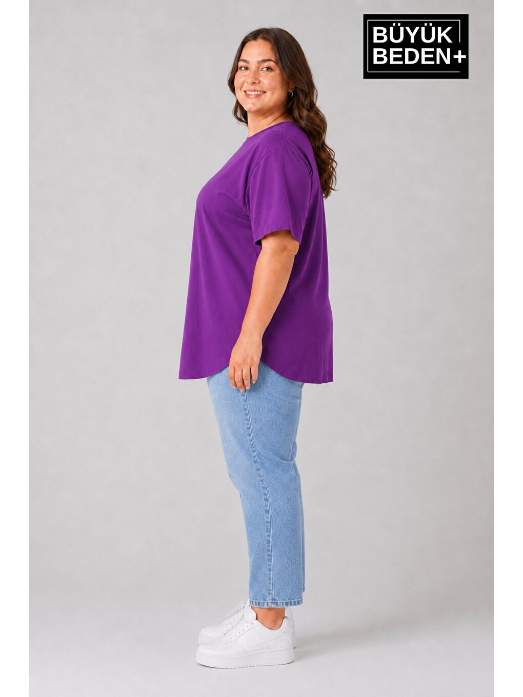 Mor Büyük Beden Kadın Bisiklet Yaka Basic Oval Etek Detalylı 3xl-6xl Uzun Tunik Spr26btsk502-1