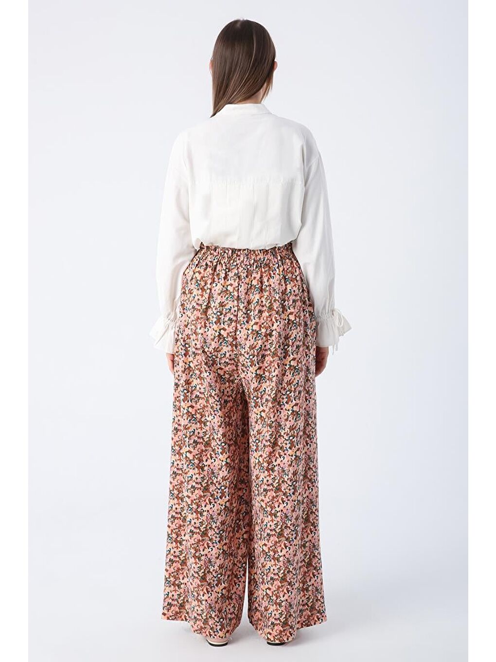 Pembe Somon-Kiremit-Baskılı Paçası Yırtmaçlı Beli Lastikli Wide Leg Viskon Keten Pantolon-4