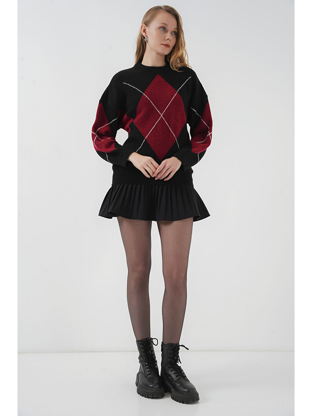 15895 Baklava Desenli Oversize Triko Kazak - D. Siyah-1