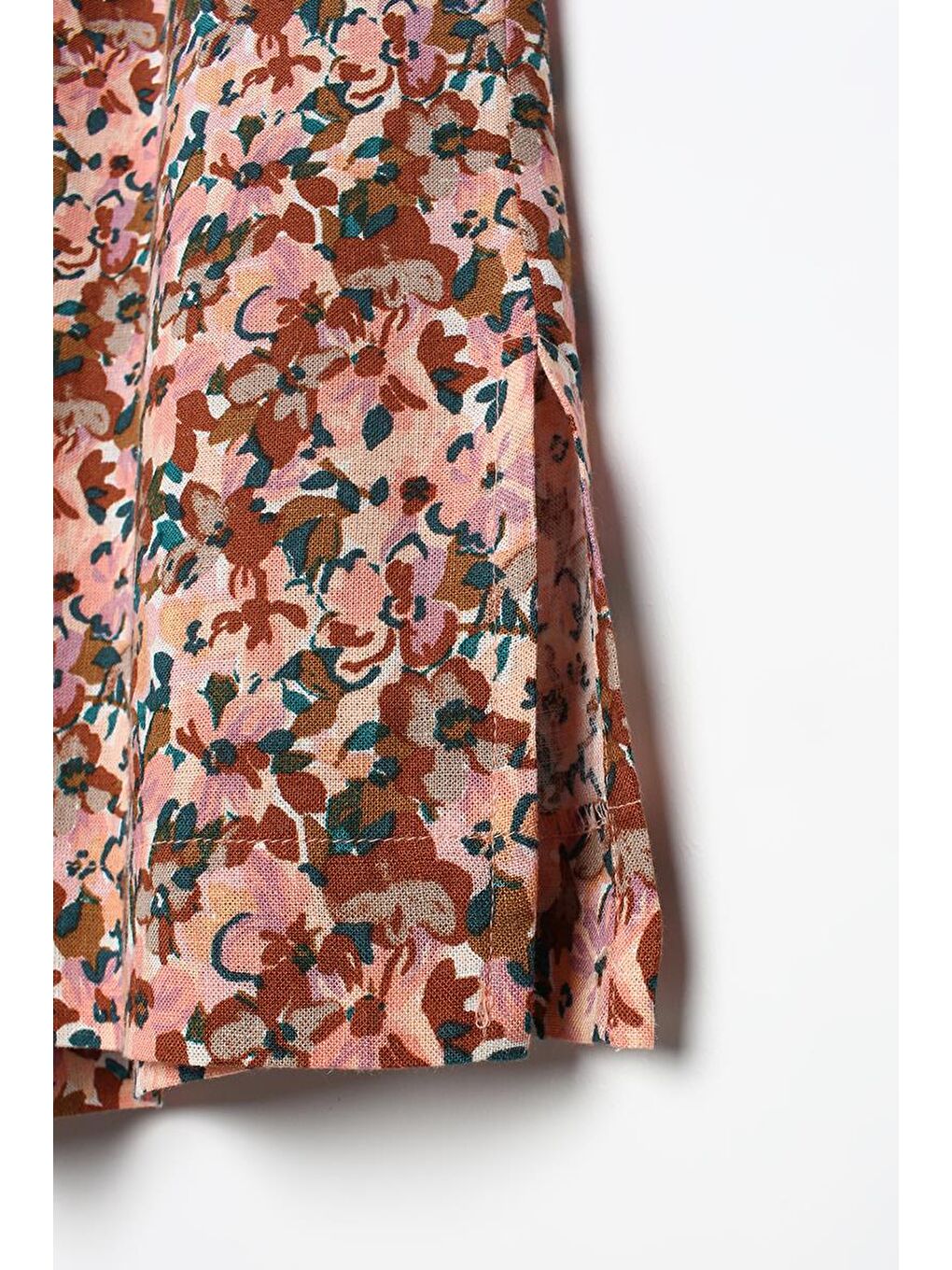 Pembe Somon-Kiremit-Baskılı Paçası Yırtmaçlı Beli Lastikli Wide Leg Viskon Keten Pantolon-5