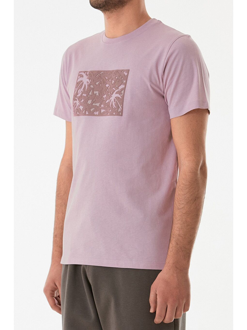 Lila Kabartma Baskılı Bisiklet Yaka Tişört-4