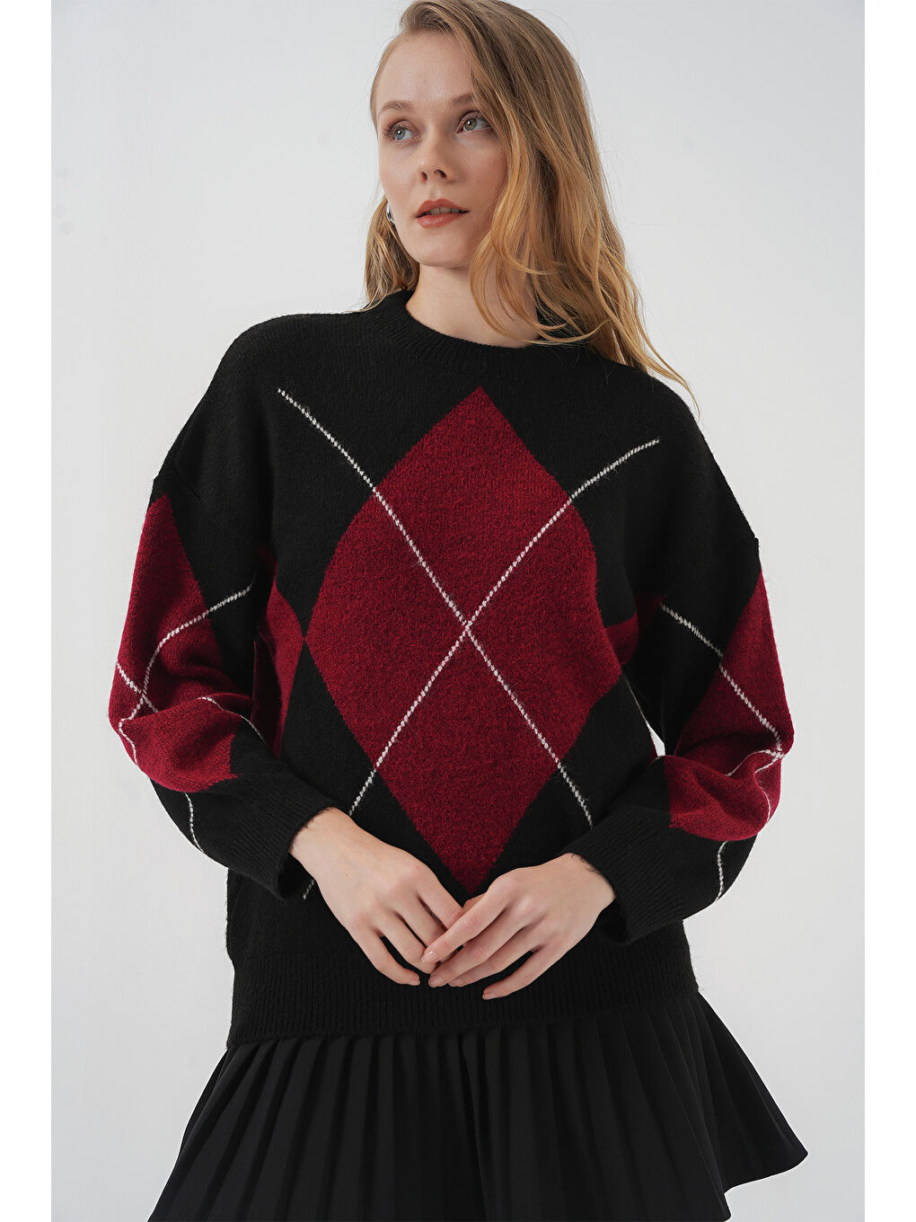 15895 Baklava Desenli Oversize Triko Kazak - D. Siyah-2