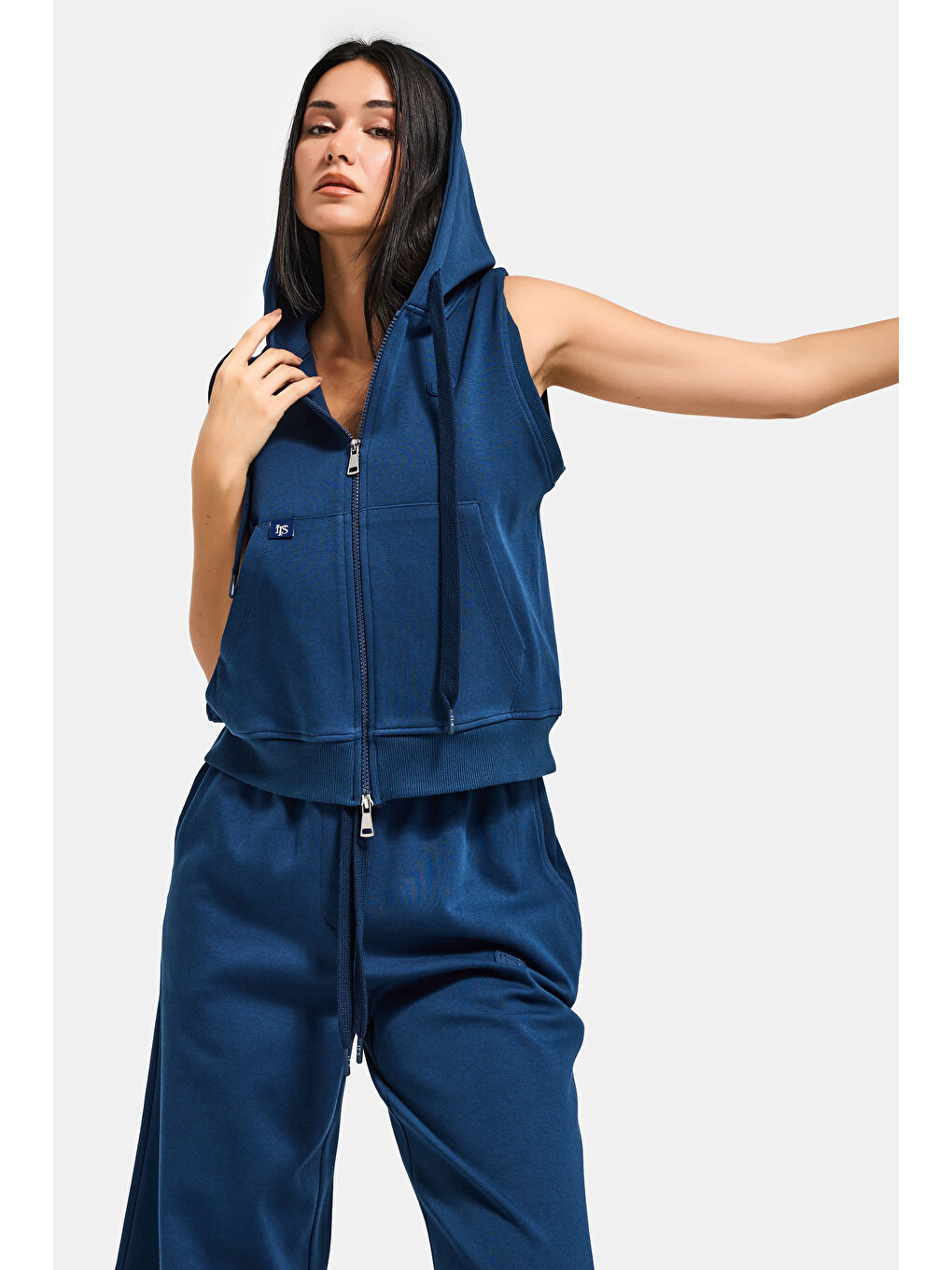 Kadın Lacivert s6-56 Alt Üst Kapüşonlu Yelek Yürüyüş Pantolonu 2'li Tasarım Takım-5