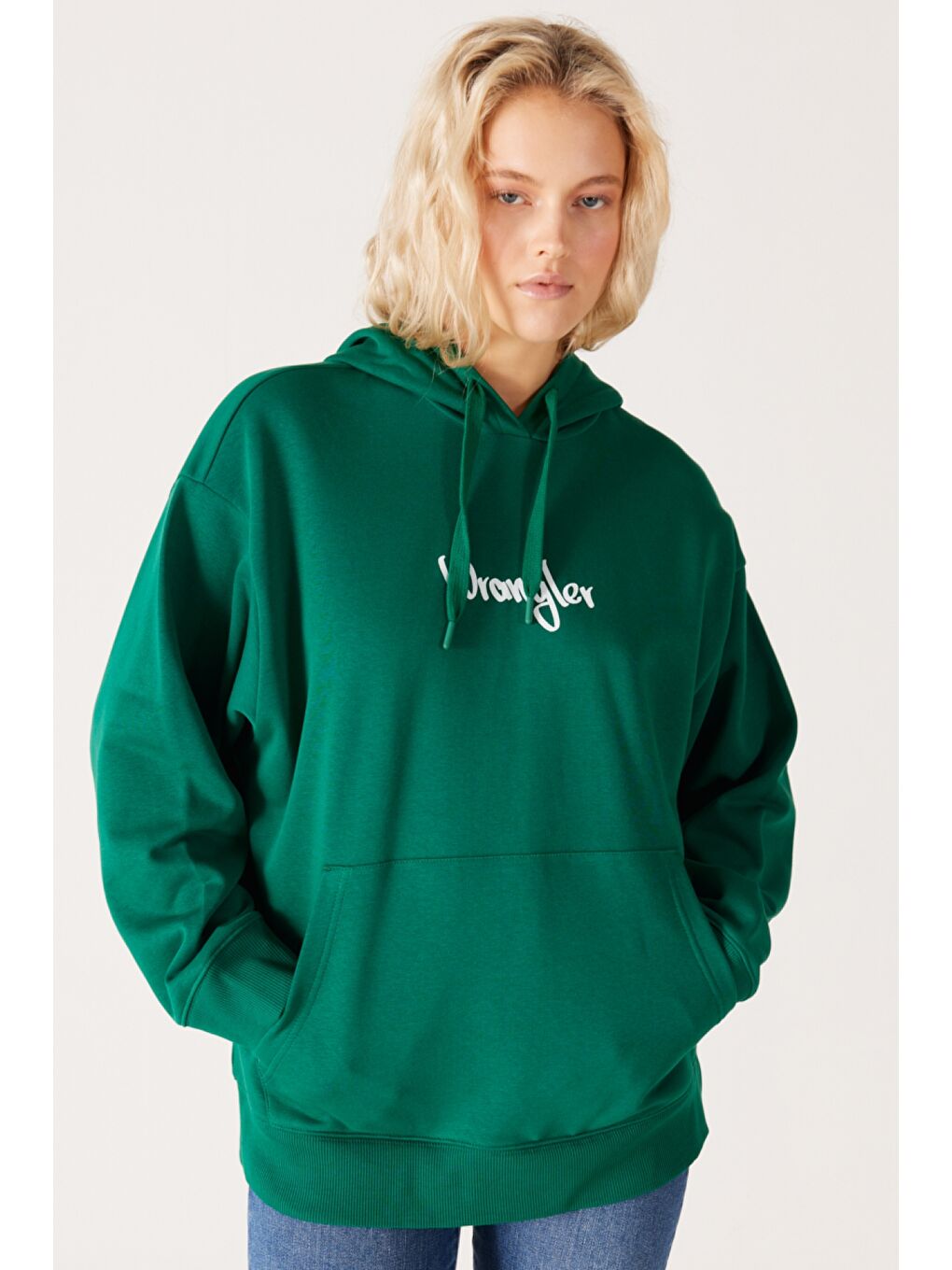 Haki Oversize Bol Kesim Kapüşonlu Sırt Baskılı Yeşil Sweatshirt-1