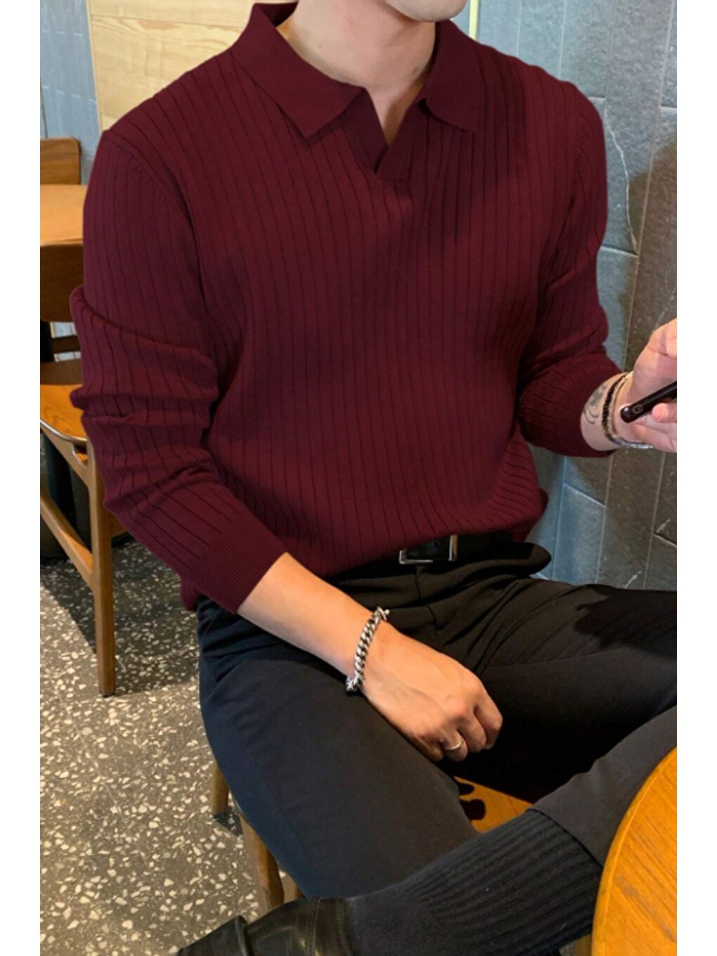 Bordo Erkek Polo Yaka Triko Kazak Slim Fit Fitilli-5