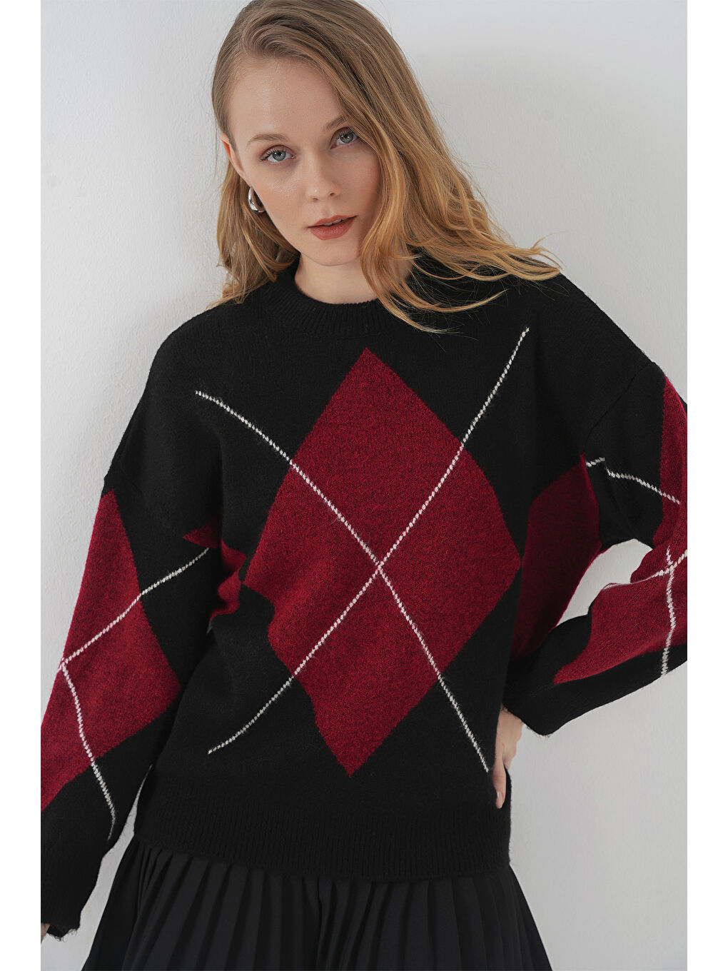 15895 Baklava Desenli Oversize Triko Kazak - D. Siyah-3