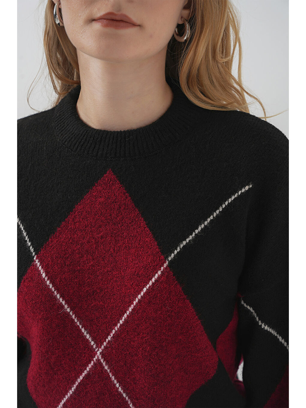 15895 Baklava Desenli Oversize Triko Kazak - D. Siyah-4