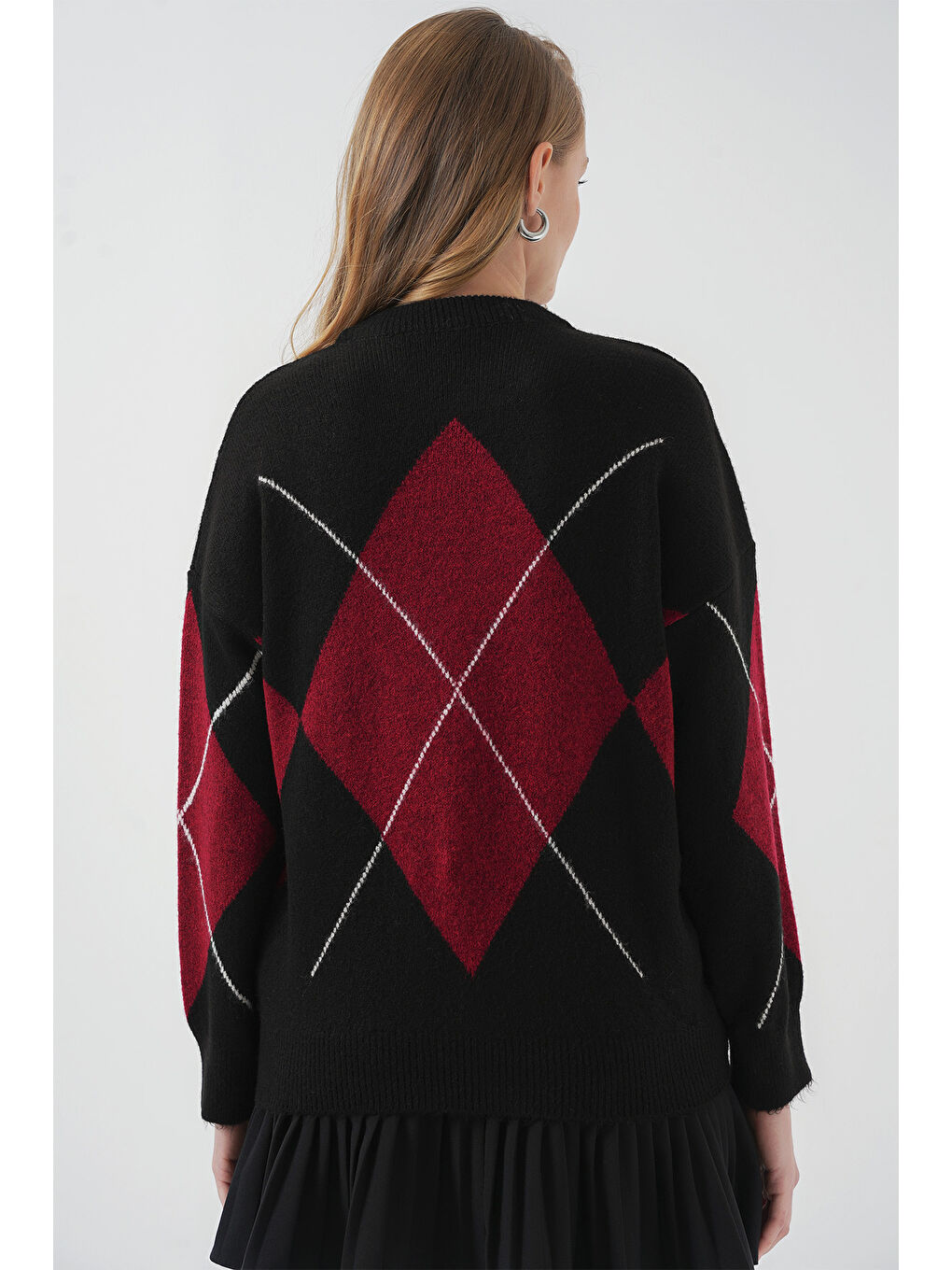 15895 Baklava Desenli Oversize Triko Kazak - D. Siyah-5