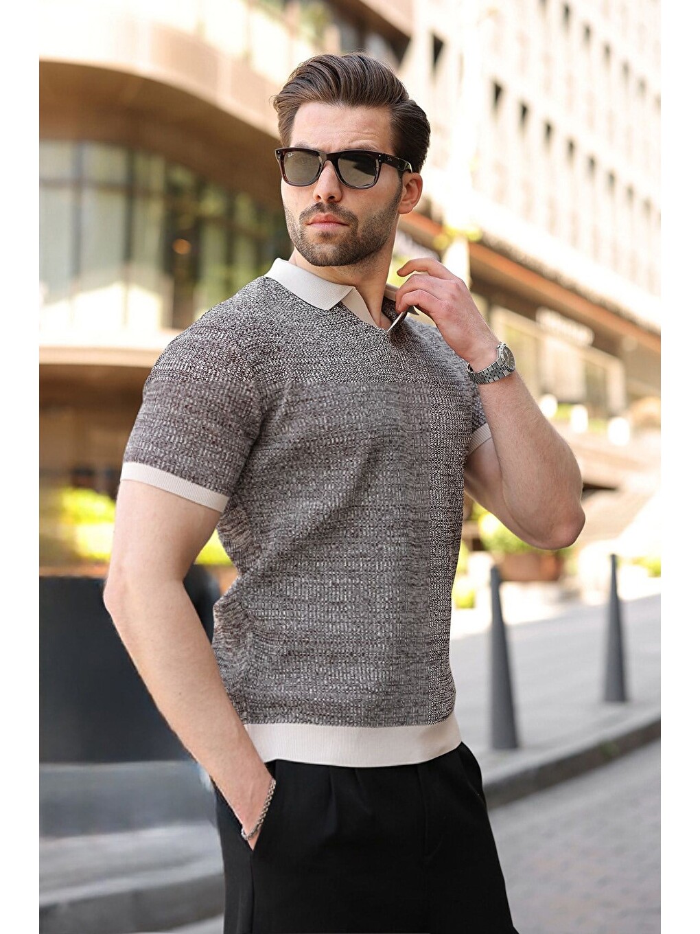 Bej Taş Rengi Polo Yaka Regular Fit Erkek Triko Tişört E7496